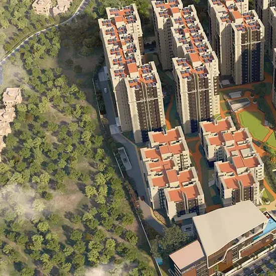 An aerial view of the towers, the clubhouse and its pool at Brigade Citadel