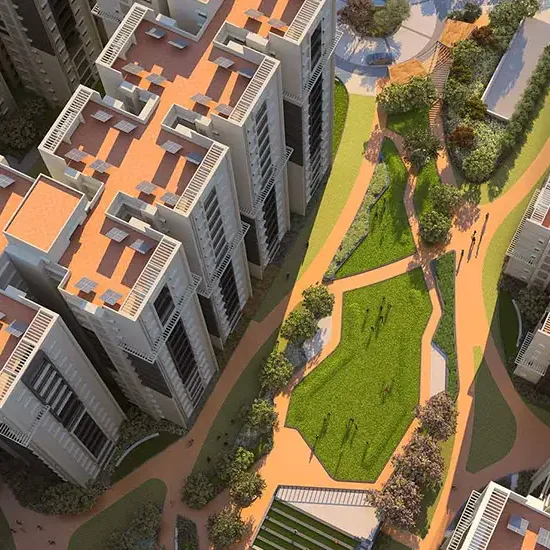 Rooftops and landscaped paths seen from above at Brigade Citadel